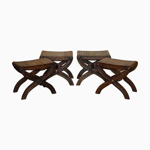 Vintage English Jacobean Hand Carved Stools in Oak, Set of 2