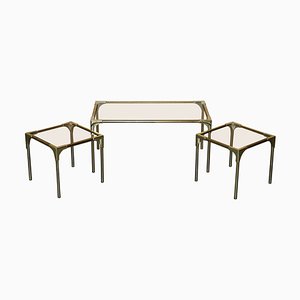 Mid-Century Modern Brass and Smoked Glass Coffee Table with Nesting Tables, Set of 3