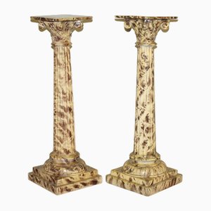 Hand Carved Corinthian Pillar Pedestal Stands in Faux Marble Paint, 1940s, Set of 2