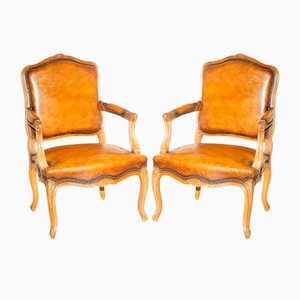 French Louis XV Hand Dyed Cigar Brown Leather Armchairs in Walnut, Set of 2