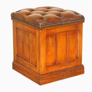 Brown Leather Chesterfield English Oak Footstool