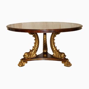 Tavolo da pranzo Regency Gold in legno dorato con ripiano in legno duro fiammato