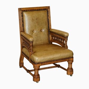 Victorian English Oak Hand Dyed Leather Library Reading Armchair