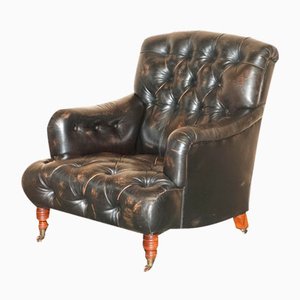 Butaca Chesterfield Bridgewater de cuero negro de Howard & Sons, década de 1880