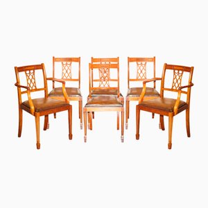 Vintage Hand Dyed Brown Leather Hand Carved Frame Dining Chairs, Set of 6