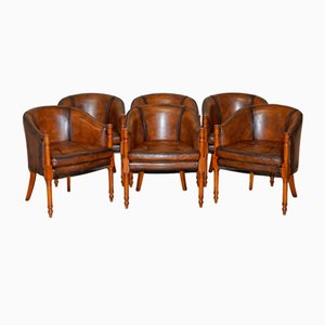 Thomas Chippendale Chesterfield Tub Club Armchairs in Hand Dyed Brown Leather, 1920s, Set of 6