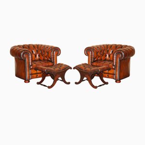 Chesterfield Club Armchairs & Footstool Hand Dyed Brown Leather, 1930s, Set of 4