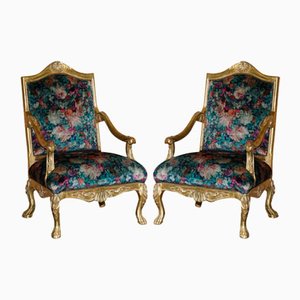 French Louis XV Fauteuils Armchairs in Giltwood Framed, Set of 2