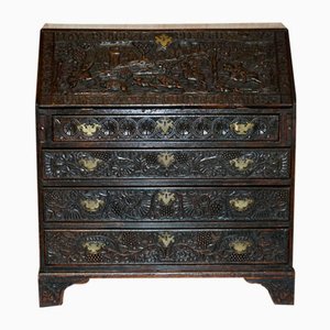 Jacobean Hand Carved Bureau Desk with Hunting Scene, 1780s