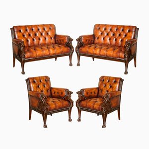 Fauteuil Chesterfield en Cuir Marron Sculpté à la Main Lion, 1880s, Set de 4