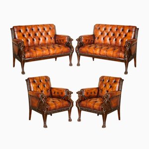 Fauteuil Chesterfield en Cuir Marron Sculpté à la Main Lion, 1880s, Set de 4