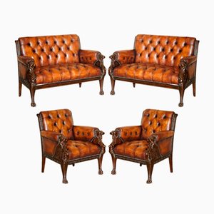 Lion Hand Carved Brown Leather Chesterfield Sofa Armchair Suite, 1880s, Set of 4