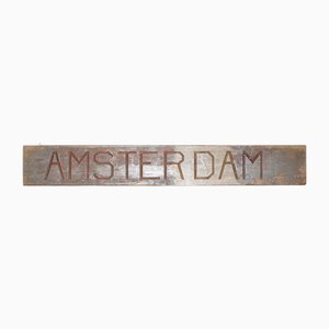 Grande insegna antica Amsterdam in legno intagliato a mano in vernice originale