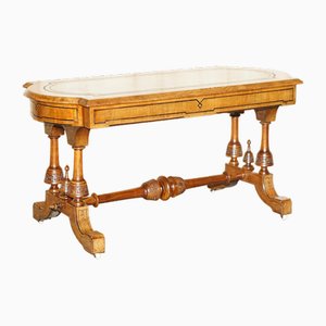 Table Basse Antique en Noyer Sculpté et Cuir Vert, 1880