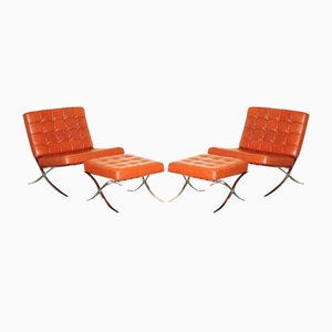 Brown Leather Lounge Armchairs & Ottomans, Set of 4