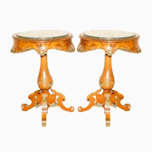Antique French Burr Walnut, Gilt Brass & Green Marble Side Tables, Set of 2