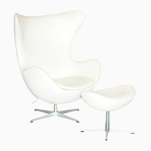 Cream Leather Egg Chair & Footstool from Fritz Hansen, Set of 2