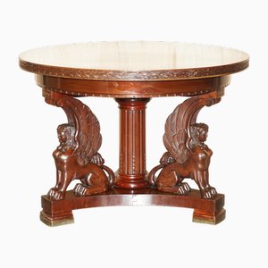 Centre de Table Néoclassique Antique en Bois Dur avec Piètement à Colonnes Sphinx, France