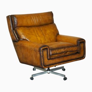 Vintage Hand Dyed Whisky Brown Leather Swivel Armchair, 1970s