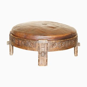Antique Hand-Carved Footstool in Brown Leather, 1850