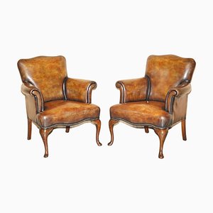 Art Deco Hand Dyed Cigar Brown Leather Club Armchairs, Set of 2