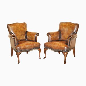 Fauteuils Club Art Déco Teints à la Main en Cuir Marron, Set de 2