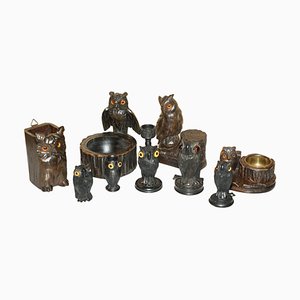 Antique Black Forest Wooden Carved Owl Matchstick Holders and Ashtray, Set of 9