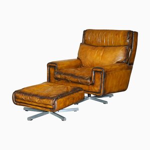 Set of Whisky Brown Leather Swivel Armchair & Ottoman, 1970s