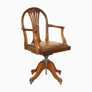 Antique George Hepplewhite Wheatgrass Captains Chair in Brown Leather, 1880