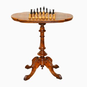 Antique Burr Walnut Chess Board, 1880, Set of 33