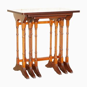 Vintage Burr Yew Wood Faux Bamboo Chippendale Nesting Tables, Set of 3