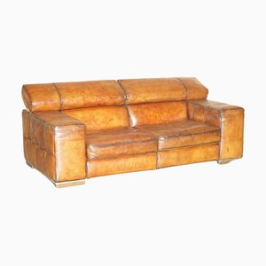 Sofá de cuero marrón claro teñido a mano con reposacabezas elevable de Natuzzi Roma