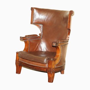 Antique William IV Brown Leather Wingback Armchair, 1830