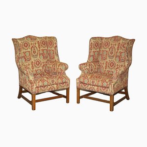 George III Wingback Armchairs with Kilim Pattern Uphosltery, Set of 2