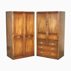 Vintage Hardwood & Brass Military Campaign Wardrobes with Drawers, Set of 2