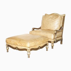 Large Vintage Italian Brown Leather & Giltwood Throne Armchair & Footstool, Set of 2