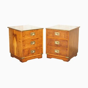 Vintage Burr Yew Wood & Green Leather Military Campaign Nightstands, Set of 2