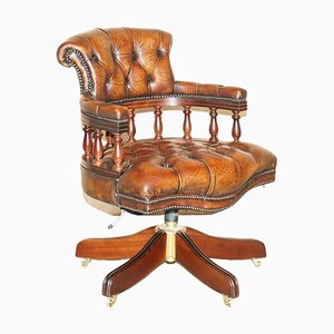 Antique Cigar Brown Leather Chesterfield Captain Armchair with Brass Castors