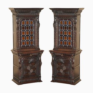 Victorian Jacobean Gothic Revival Stained Glass Bookcases, 1860, Set of 2