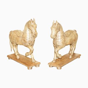Decorative Hand Carved Wooden Statues of Horses, 1880, Set of 2