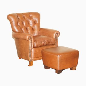 Chesterfield Sessel & Fußhocker aus braunem Leder, 2er Set