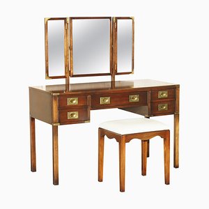 Vintage Kennedy Military Campaign Mahogany Dressing Table & Stool from Harrods London, 1960s, Set of 2