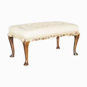 Large Victorian Oak Cabriole Legged Footstool with Embroidered Upholstery, 1880s