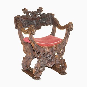 19th Century Heavily Hand Carved Italian Walnut Throne Armchair