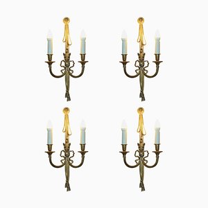 French Gilt Bronze Ribbon & Wheat Twin Branch Wall Sconces, 1920s, Set of 4