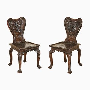 Hand Carved Colonial Hall Side Chairs, 1860s, Set of 2