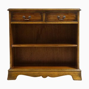Vintage Yew Wood Open Dwarf Library Bookcase with Drawers