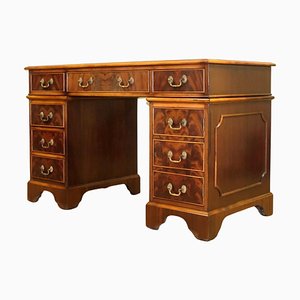 Late 20th Century Waring & Gillow Pedestal Desk with Gold Tooled Red Leather Top