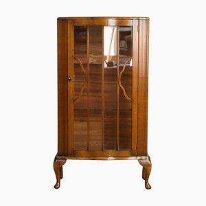 Small Walnut Glazed Bookcase with Glass Shelves on Queen Ann Style Legs