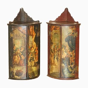 George I Henry VII Polychrome Painted Corner Wall Cabinets, 1700s, Set of 2